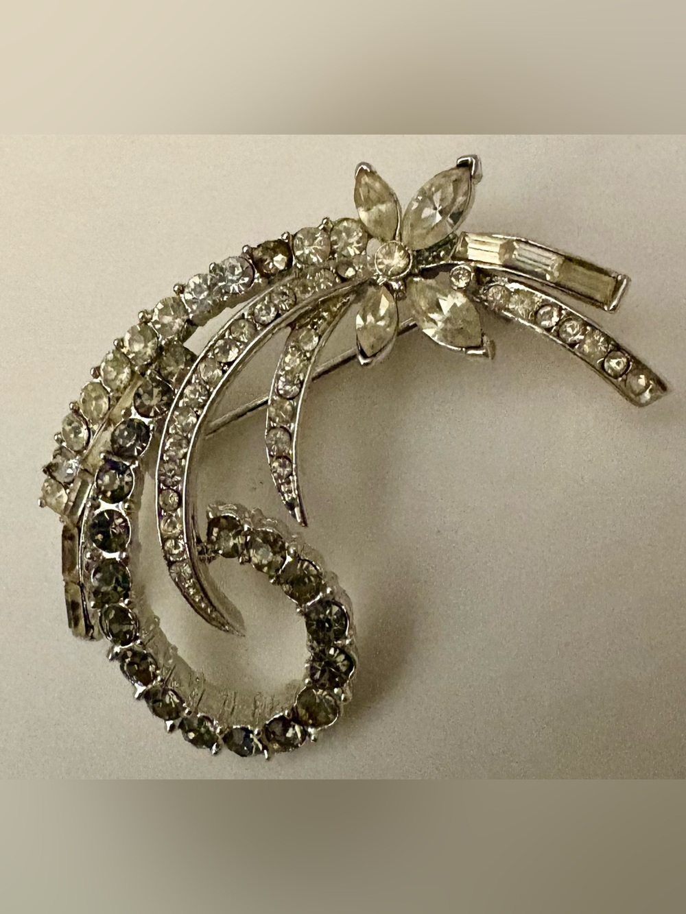Rhodium-plated rhinestone spray brooch, circa 1940s-1950s